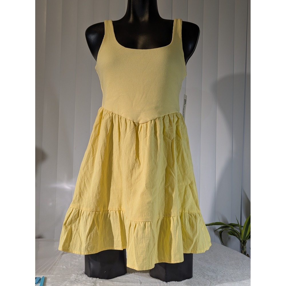 No Boundaries Mixed Media Dress Womens M Yellow NWT Ribbed Tiered Mini